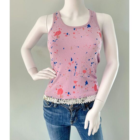Vintage Y2k Lilac Purple Paint Splatter Silver Sequin Trim Tank Top size XS - Picture 1 of 7